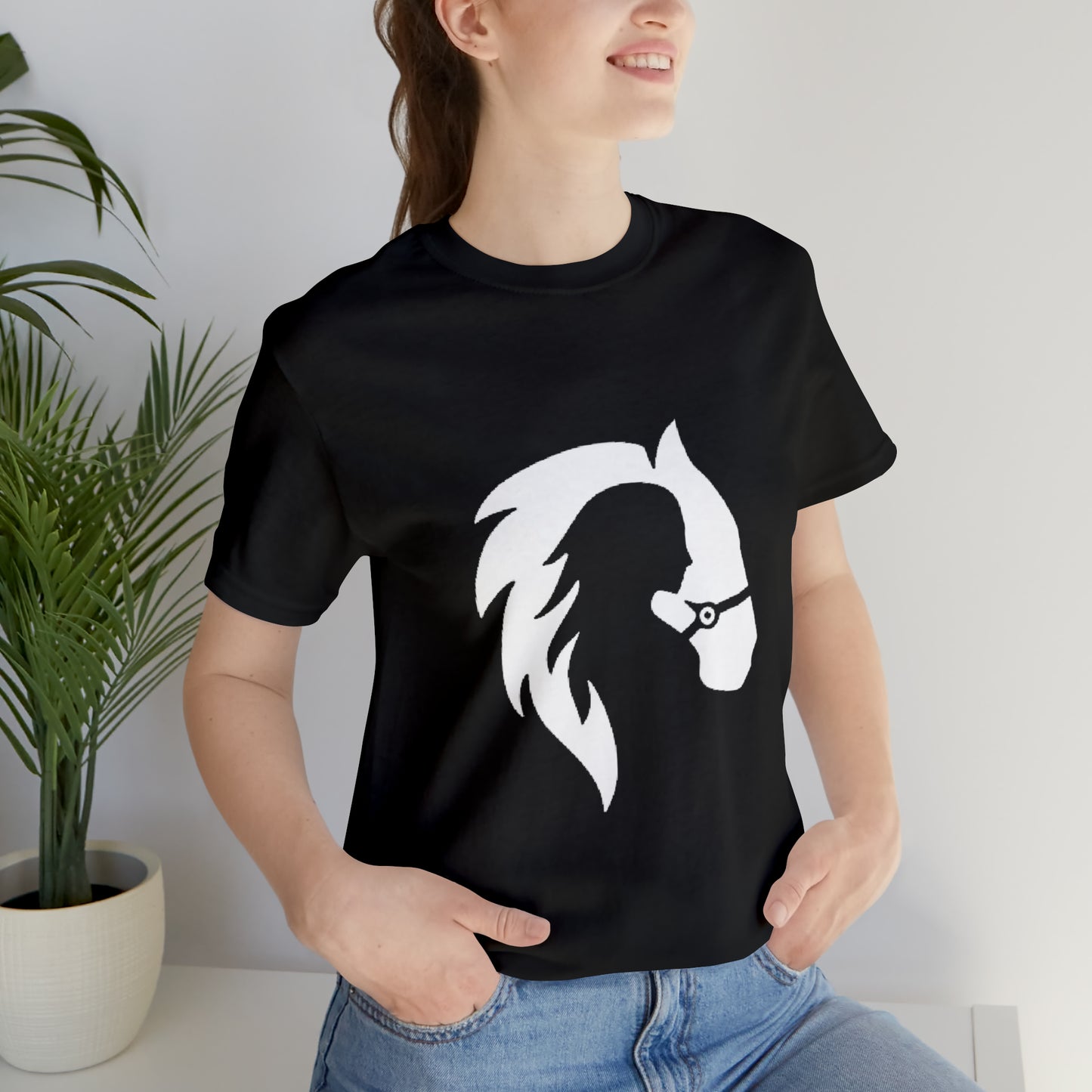 Silhouette of Girl and Horse - Unisex Short Sleeve Tee - Red Logo
