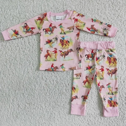 Fall / Winter Baby Gir, Chilrdren's Clothing, Western Horse Long Sleeves Pink Pants Sleepwear Set